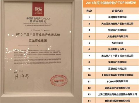 光商业集团荣登2016中国商业地产TOP100榜单
